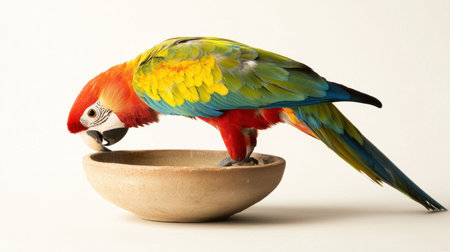 A stunning macaw parrot explores a shallow bowl in a bright studio setting, highlighting its vivid feathers and inquisitive nature, exuding charm and beauty.の素材