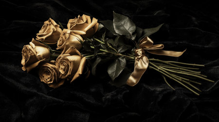 Stunning composition of golden roses on dark velvet fabric, capturing the essence of romance and elegance, ideal for various design projects.の素材