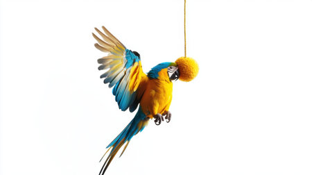 A stunning capture of a vibrant macaw parrot in mid-flight, engaging with a bright yellow pom-pom. The image showcases the bird's vivid colors and playful nature, set against a clean white background. This lively scene highlights the energetic spirit of wildlife.の素材