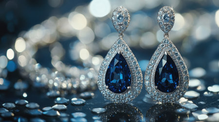 Stunning close-up of elegant blue sapphire earrings accented with diamonds, set against a shimmering background, perfect for showcasing luxury and beauty.の素材