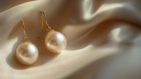 Stunning pearl earrings displayed on a soft satin fabric, radiating elegance and luxury. Perfect for fashion lovers and special occasions.の素材