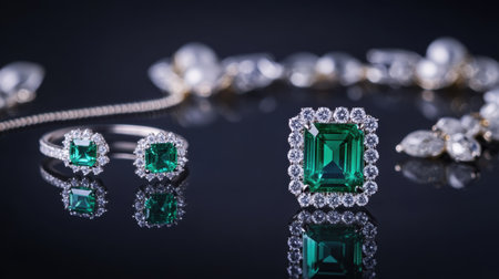 This captivating image showcases a stunning emerald jewelry set, featuring elegant diamonds. Ideal for luxury fashion or accessory presentations, it captures exquisite details and vibrant colors on a dark background.の素材
