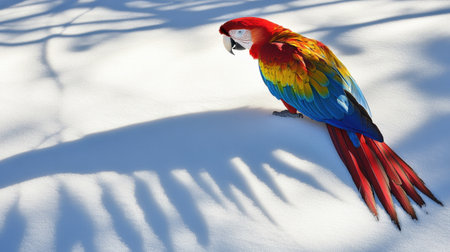 A striking image of a bright tropical parrot standing on a snowy surface, creating a unique visual contrast. The vivid colors of the bird's feathers stand out beautifully against the white snow, highlighting the enchanting aspects of wildlife.の素材