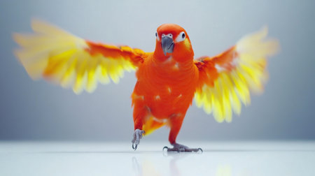 A stunning orange bird with bright yellow wings is captured in motion, showcasing its vibrant colors against a softly blurred background.の素材