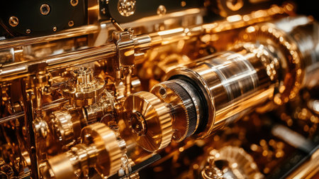 This detailed image showcases a complex mechanical gear system with stunning golden hues, highlighting the intricate craftsmanship and precision engineering involved.の素材