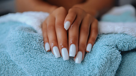 Capture the essence of relaxation with elegantly manicured soft blue nails resting on a plush towel in a serene spa environment, enhancing beauty.の素材