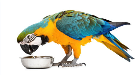 A stunning blue and yellow macaw gracefully drinks from a metallic bowl, showcasing its vibrant feathers against a pure white backdrop, perfect for nature and wildlife themes.の素材