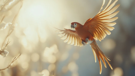 A stunning parrot soars gracefully through the air, showcasing its vibrant plumage against a soft, sunlit background, surrounded by gentle bokeh.の素材