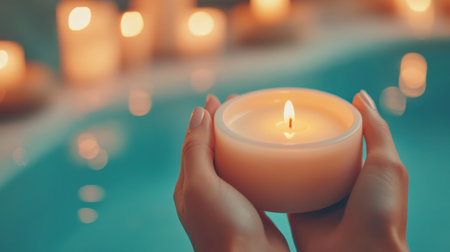 A serene image capturing the warm glow of a candle held gently in hands, ideal for evoking feelings of relaxation and tranquility in a spa-like setting.の素材