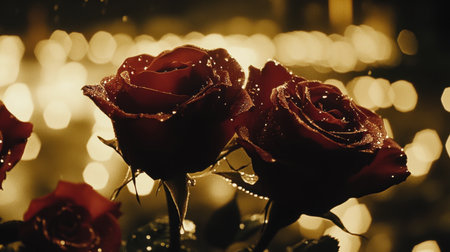 A stunning close-up of red roses adorned with water droplets, contrasted against a soft bokeh of warm lights. This image evokes romance and beauty.の素材