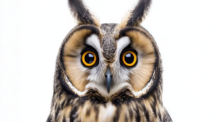 This image features a mesmerizing close-up of an owl, showcasing its intense eyes and intricate feather patterns on a pristine white background.の素材