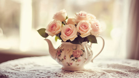 A charming vintage teapot, elegantly filled with soft pink roses, sits on a delicate lace tablecloth illuminated by warm natural light, perfect for home decor or events.の素材