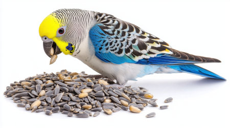A vibrant budgerigar gracefully pecks at a collection of seeds, showcasing its colorful feathers against a clean white background. This captivating image highlights the joy and beauty of pet birds, making it ideal for nature and animal-themed projects.の素材