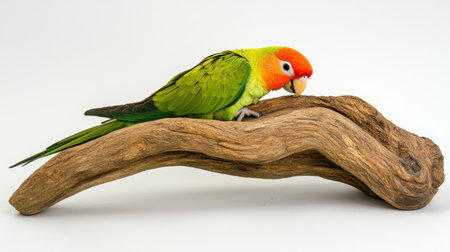 A stunning parrot showcases vibrant green and orange feathers while perched playfully on a piece of driftwood. This image captures the beauty of wildlife and the charm of exotic pets.の素材