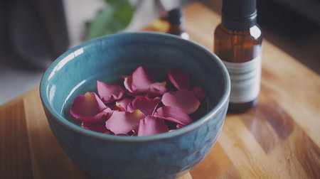 A calm and serene display featuring pink rose petals floating in a blue ceramic bowl, surrounded by essential oil bottles, evoking relaxation and tranquility.の素材