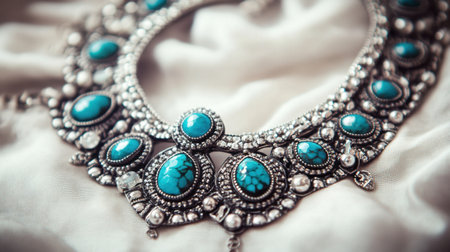 This stunning turquoise necklace features intricate metalwork and shimmering stones, perfect for enhancing any outfit. Ideal for fashion lovers and collectors.の素材