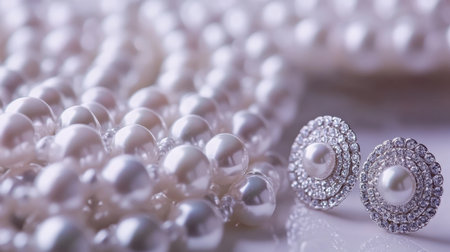 A stunning close-up shot of elegant pearls and intricate silver earrings, showcasing luxury jewelry in a beautiful arrangement, perfect for fashion inspiration.の素材