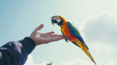 A stunning image of a vibrant parrot resting on a human hand, set against a bright sky filled with clouds, capturing a moment of connection with nature.の素材
