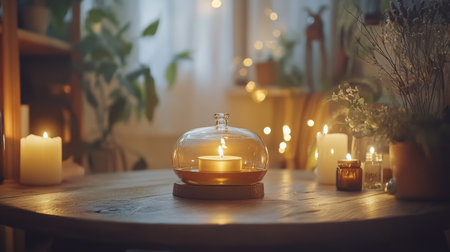 A serene indoor scene highlighting a glowing candle under a glass dome, surrounded by warm light and lush plants, creating a cozy ambiance.の素材