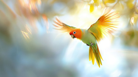 A vibrant parrot takes flight against a softly blurred background, showcasing its colorful feathers and graceful movement in a natural setting.の素材