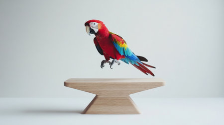 A striking image of a vibrant scarlet macaw parrot elegantly perched on a minimalist wooden stand. The colorful feathers create a stunning visual in a modern interior setting.の素材