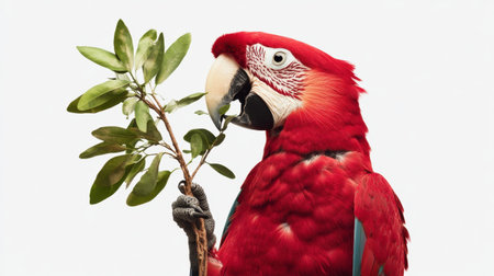 A stunning red parrot holds a green branch, showcasing its vibrant feathers and unique features. This portrait captures the birdの素材