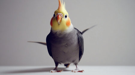 An adorable cockatiel poses confidently, showcasing its vibrant yellow crest and orange cheeks against a soft neutral backdrop. Perfect for bird lovers.の素材