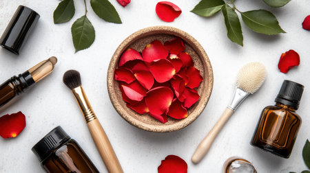 A serene arrangement showcasing beauty products surrounded by vibrant rose petals and lush green leaves, perfect for wellness and self-care themes.の素材