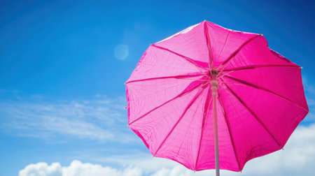 This image showcases a vibrant pink umbrella against a clear blue sky, perfect for evoking feelings of summer, relaxation, and beach adventures.の素材