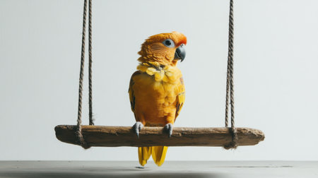 A vivid yellow parrot sits gracefully on a wooden swing, showcasing its vibrant feathers in a minimalistic studio setting, perfect for animal lovers.の素材