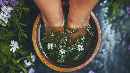 A serene image of feet immersed in a wooden bowl filled with soothing herbal water and delicate flowers, perfect for a calming self-care ritual at home.の素材
