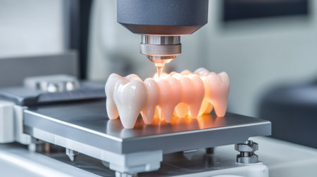 This image captures the cutting-edge technology of 3D printing in dentistry, showcasing a precision device creating realistic tooth models in a clean lab environment.の素材