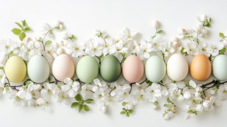 Delightful arrangement of pastel-colored eggs surrounded by fresh blossoms, perfect for Spring and Easter celebrations. This serene composition evokes joy and beauty.の素材