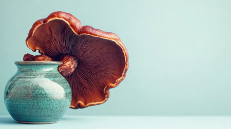 A captivating still life arrangement featuring a freshly harvested mushroom next to a textured ceramic vase, against a soft pastel backdrop.の素材