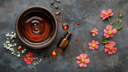 Discover the calming essence of aromatherapy with this beautifully arranged still life featuring essential oil in a brown bowl surrounded by vibrant flowers.の素材