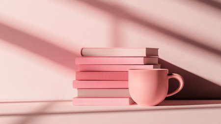 This elegant still life showcases a stack of pink books paired with a matching mug, illuminated by soft shadows in a minimalist setting. Perfect for creative inspiration.の素材