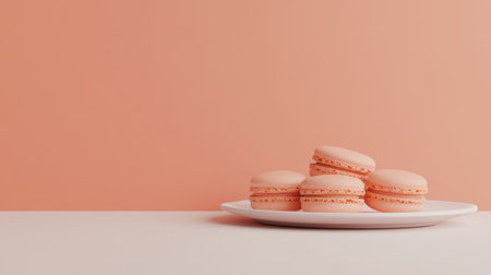 This image showcases a delightful arrangement of soft peach macarons on a pristine white plate. The warm pastel background enhances the aesthetic appeal, making it perfect for dessert enthusiasts and culinary presentations.の素材