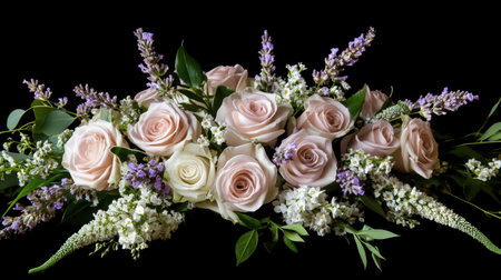 This beautiful floral arrangement features soft pink roses surrounded by delicate flowers on a dramatic black background, perfect for celebrations or decor.の素材