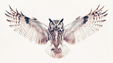 A stunning image of a majestic owl in full flight, showcasing its impressive wingspan and striking eyes, symbolizing the beauty and grace of wildlife.の素材