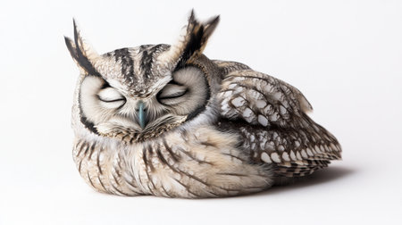 A beautiful portrait of an owl in a resting pose, showcasing its intricate feather details and calm expression. The serene setting highlights its natural grace.の素材