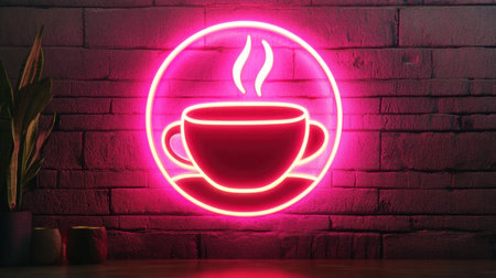 A vibrant neon coffee cup sign casts a warm pink glow against a textured brick wall, perfect for enhancing cafの素材