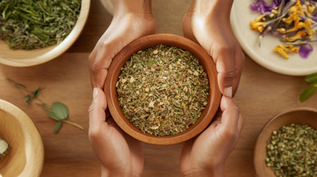 This image features hands carefully holding a bowl filled with dried herbs, surrounded by an array of fresh ingredients. A perfect representation of culinary artistry and natural wellness.の素材