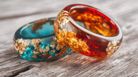 This captivating image features two colorful resin rings adorned with shimmering gold flakes. Perfect for showcasing unique handmade jewelry and fashion accessories.の素材