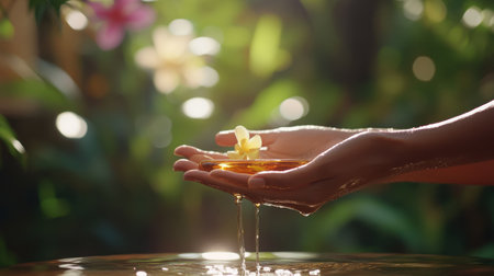 A tranquil scene featuring gentle hands holding a bowl of water containing a delicate flower petal. The soft light and lush green background create a soothing atmosphere, perfect for themes of relaxation and wellness.の素材