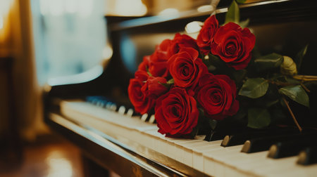 This captivating image features a bouquet of vibrant red roses elegantly resting on a vintage piano, creating a romantic and serene ambiance. The soft natural light enhances the beauty of both the flowers and the piano, making this scene perfect for conveying love and elegance.の素材