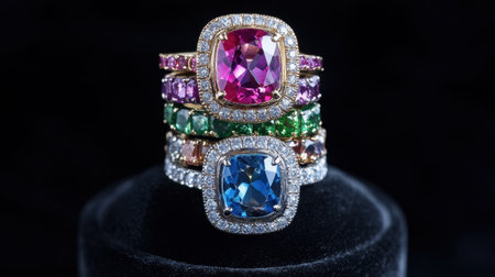A stunning display of colorful stacked rings adorned with intricate gemstones and shimmering diamonds set against a dark background, embodying luxury and elegance.の素材
