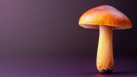 This captivating image features a vibrant orange mushroom set against a smooth purple background. The detailed textures and forms highlight the beauty of nature, perfect for artistic or educational uses.の素材