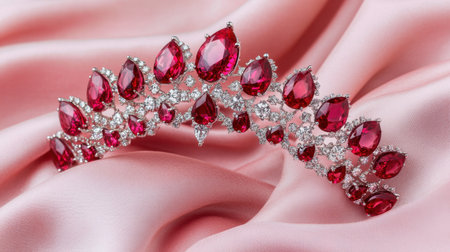 This exquisite tiara features stunning red gemstones and sparkling diamonds, elegantly placed on soft pink satin fabric, perfect for luxurious occasions.の素材