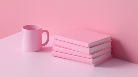 This visually appealing still life showcases a stack of pink books next to a matching coffee mug, creating a harmonious and minimalistic atmosphere perfect for inspiration.の素材