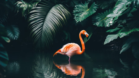 A striking image of a flamingo standing in calm waters surrounded by lush green foliage, showcasing vibrant colors and serene beauty of nature.の素材